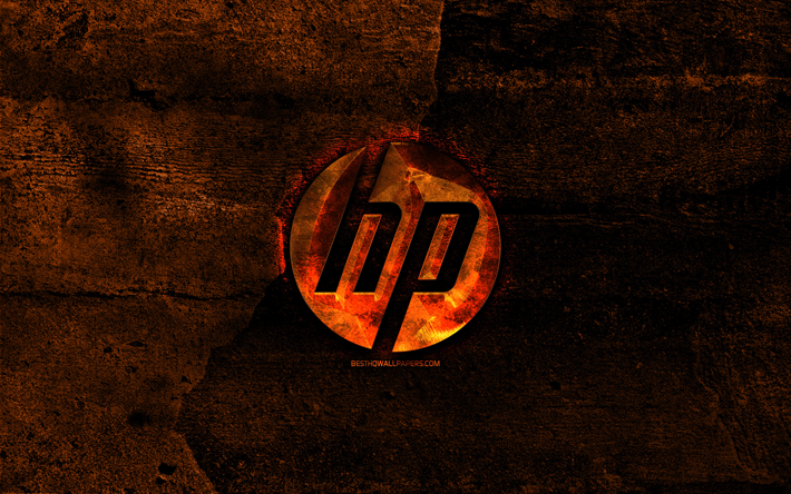 HP fiery logo, orange stone background, Hewlett-Packard, creative, HP logo, brands, HP