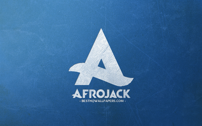 Afrojack, logotipo, holand&#233;s DJ, tiza blanca logotipo, azul retro de fondo, arte creativo