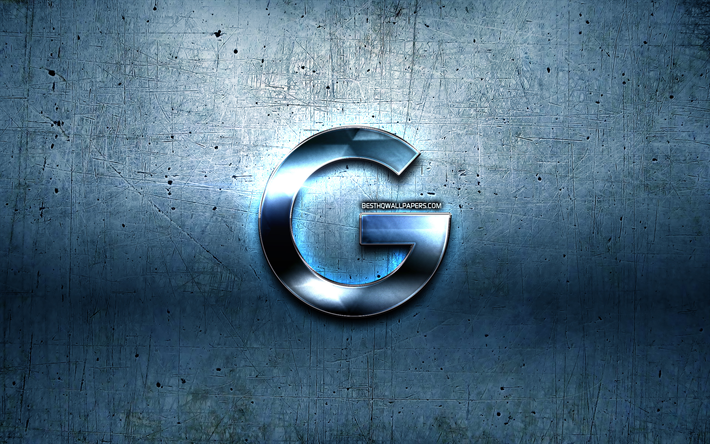 Googleロゴ, 4k, 青色の金属の背景, グランジア, Google, ブランド, 創造, Google3Dロゴ, 作品, Google青色のロゴ