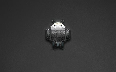 Android, 金属のロゴ, ロボット, グレー背景, エンブレム, Androidロゴ