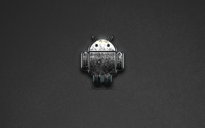 Android, metalik logo, robot, gri arka plan, amblem, Android logosu
