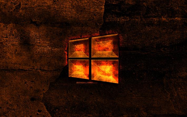 Windows10の燃えるようなマーク, オレンジ色石の背景, Windows, 創造, Windows10のロゴ, ブランド, Windows10