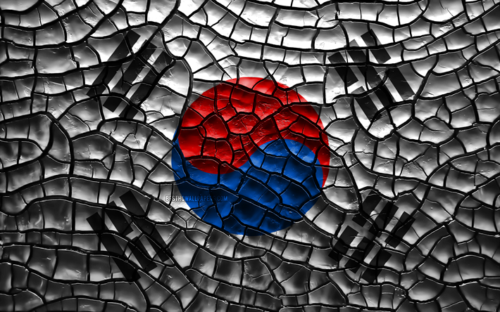 Flag of South Korea, 4k, cracked soil, Asia, South Korean flag, 3D art, South Korea, Asian countries, national symbols, South Korea 3D flag
