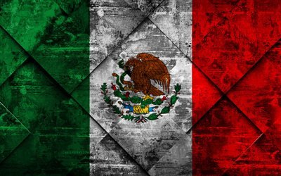 Flag of Mexico, 4k, grunge art, rhombus grunge texture, Mexico flag, North America, national symbols, Mexico, creative art