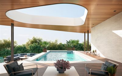 la piscina en la casa, elegante patio de dise&#241;o, piscina, moderno dise&#241;o de interiores