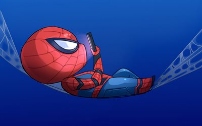 Spiderman, minimal, Spider-Man, fan art, aventure, super-h&#233;ros, fonds bleus, dessin anim&#233; Spiderman, Chibi Spiderman