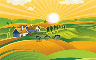 rural landscape, art, evening, sunset, cows, painted landscape, village