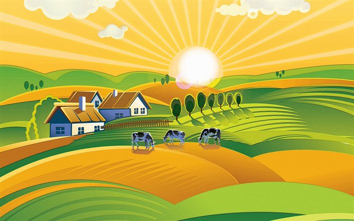 paysage rural, de l&#39;art, soir&#233;e, coucher du soleil, les vaches, les peint paysage, village