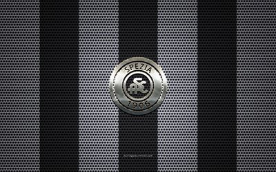 Spezia Calcio logo, Italian football club, metal emblem, black and white metal mesh background, Spezia Calcio, Serie B, La Spezia, Italy, football