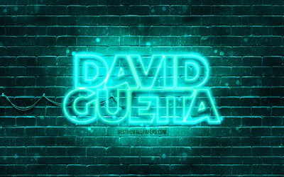 David Guetta turkoosi logo, 4k, supert&#228;hti&#228;, ranskalainen Dj, turkoosi brickwall, David Guetta-logo, Pierre David Guetta, David Guetta, musiikin t&#228;hdet, David Guetta neon-logo