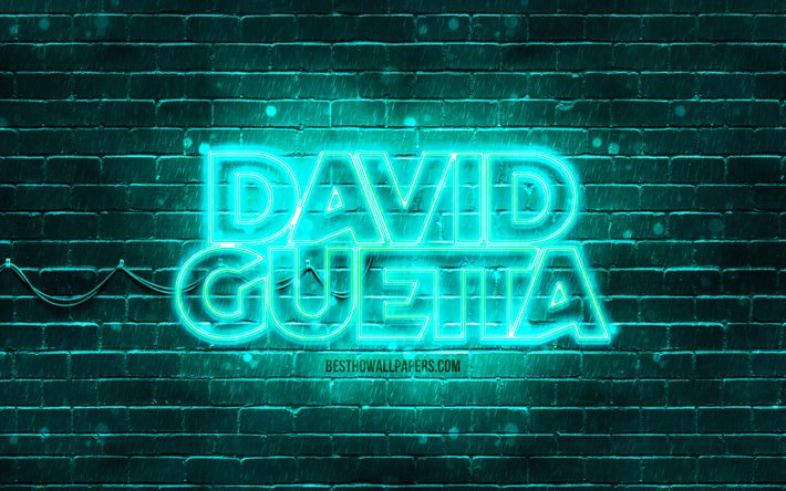 David Guetta turquoise logo, 4k, superstars, des Dj fran&#231;ais, turquoise brickwall, David Guetta logo, Pierre David Guetta, David Guetta, stars de la musique, David Guetta n&#233;on logo