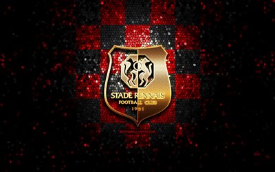 Stade Rennes FC, glitter-logo, League 1, punainen musta ruudullinen tausta, jalkapallo, Tennis Stadium, ranskan football club, Stade Rennes-logo, mosaiikki taidetta, Ranska