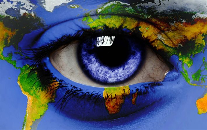 femminile, occhio, mappa del mondo, Amo la Terra, macro, occhi azzurri, occhio umano, ecologia concetti, gli occhi, la Terra mappa