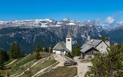 Val Badia, Dolomites, church, mountain landscape, summer, Alps, mountains, South Tyrol, Italy