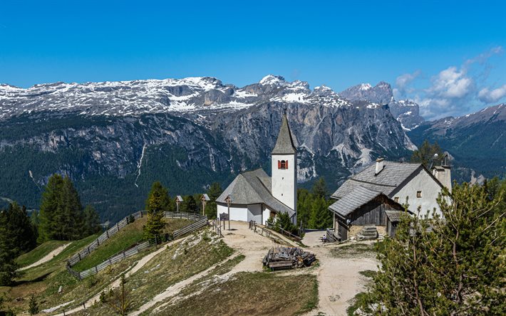 Val Badia, Dolomitas, igreja, paisagem de montanha, ver&#227;o, Alpes, montanhas, Tirol Do Sul, It&#225;lia