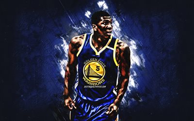 Kevon Looney, NBA, Golden State Warriors, blue stone background, American Basketball Player, portrait, USA, basketball, Golden State Warriors players