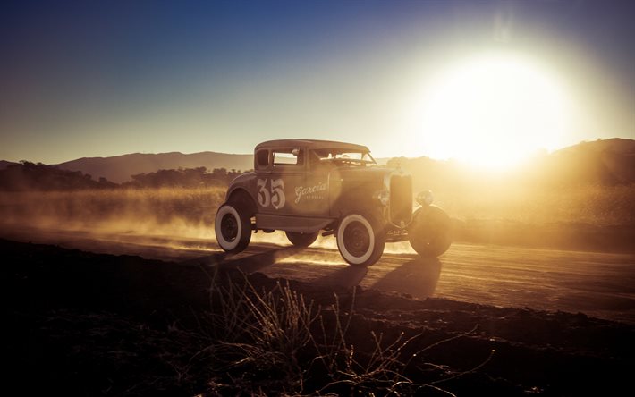 hot rod Ford Mod&#232;le A, 1927, voitures am&#233;ricaines, soir, coucher de soleil, brouillard, r&#233;tro voitures Ford