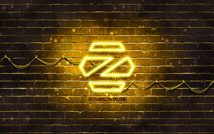 Zorin OS yellow logo, 4k, yellow brickwall, Zorin OS logo, Linux, Zorin OS neon logo, Zorin OS