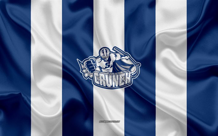 Syracuse Crunch, Amerikan Hokey Kul&#252;b&#252;, amblem, ipek bayrak, mavi ve beyaz ipek doku, AHL, Syracuse Crunch logo, Syracuse, New York, ABD, hokey, Amerikan Hokey Ligi