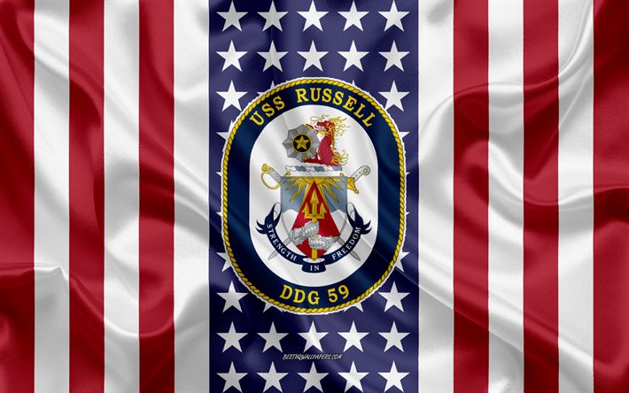 uss russell-emblem, ddg-59, american flag, us-navy, usa, uss russell abzeichen, us-kriegsschiff, wappen der uss russell