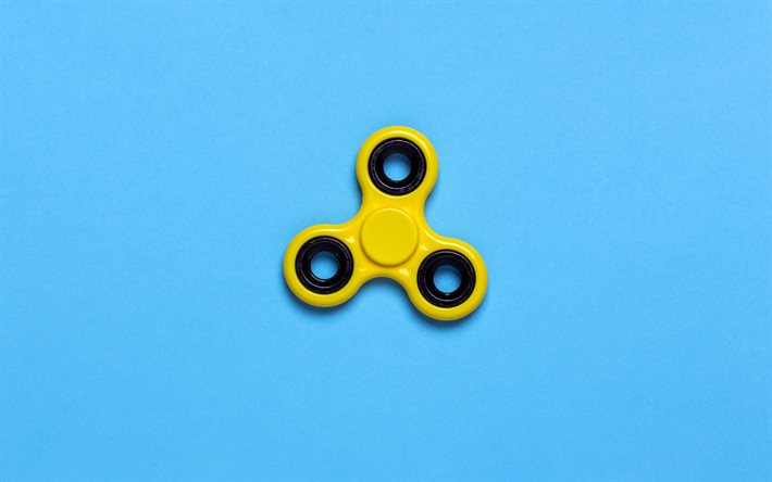 sarı spinner, 4k, minimal, mavi arka plan, yaratıcı, spinners