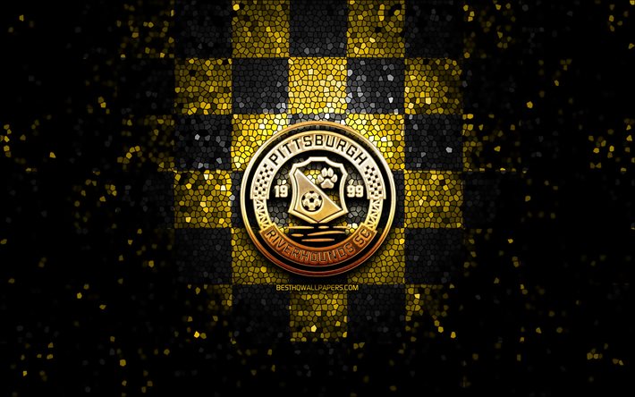 Pittsburgh Riverhounds FC, glitter logo, USL, yellow black checkered background, USA, american soccer team, Pittsburgh Riverhounds, United Soccer League, Pittsburgh Riverhounds logo, mosaic art, soccer, football, America