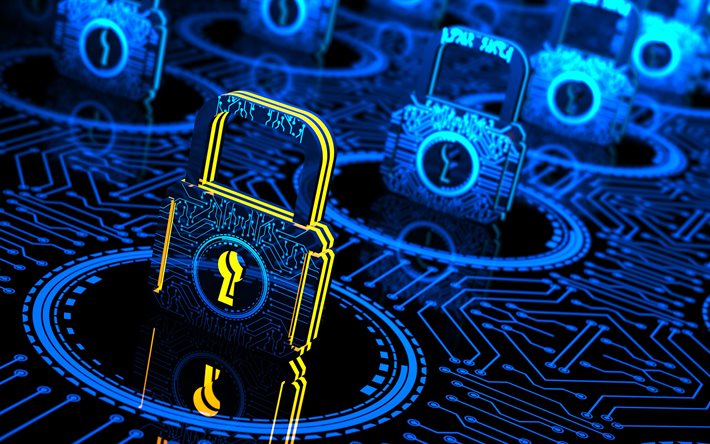 3d青南京錠, コンピュータセキュリティ, 暗号化, 3dロック, 安全保障ブルーの背景, デジタルセキュリティ技術, 安全保障の概念