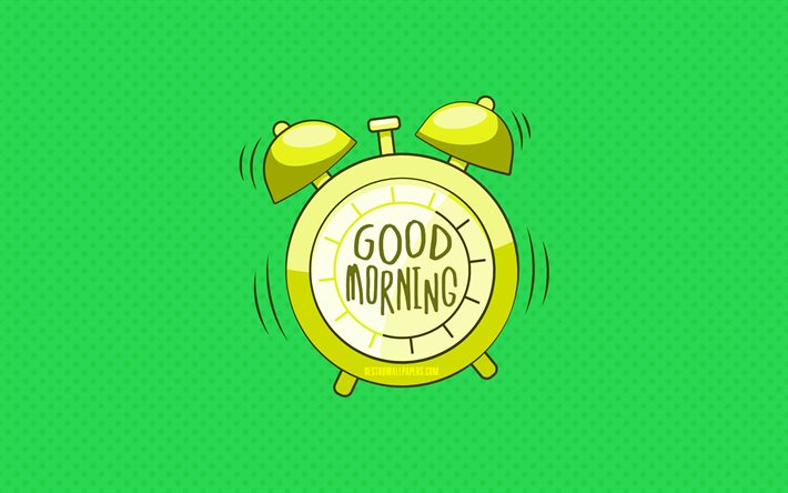 4k, di Buon Mattino, giallo sveglia, tratteggiata verde sfondi, buongiorno desiderio, creative, di buon mattino, concetti, minimalismo, di buon mattino con l&#39;orologio