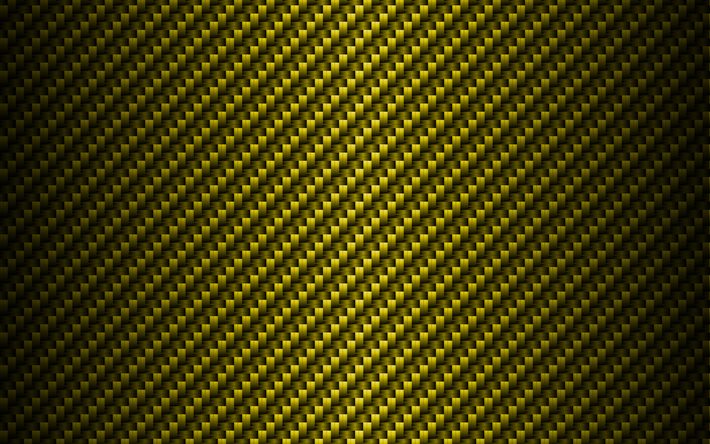 黄色炭素の背景, 4k, 炭素パターン, 黄色の炭素質感, 網代織, 創造, 炭素網代の質感, ライン, 炭素背景, 黄色の背景, 炭素質感