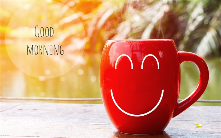 Buongiorno, red cup, 4k, sfondi sfocati, buongiorno desiderio, creativo, arte, buona mattina concetti