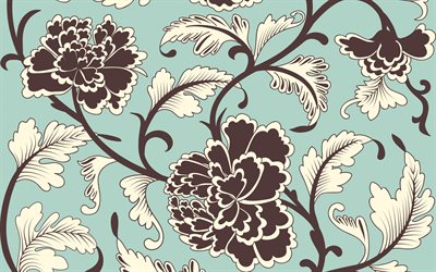 brown flowers retro texture, blue background, retro flowers background, retro floral texture, floral ornaments, retro backgrounds