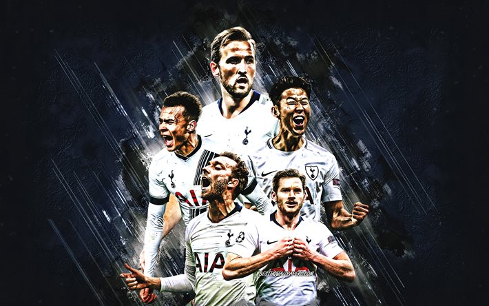 Tottenham Hotspur FC, english football club, blue stone background, Tottenham Hotspur players, Son Heung-min, Harry Kane