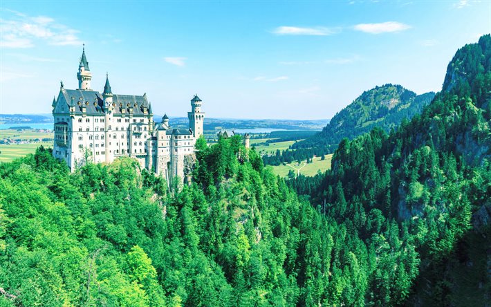 Castillo de Neuschwanstein, mountain landscape, beautiful castle, landmark, Romantic castle, el Castillo de Neuschwanstein, Hohenschwangau, Bavaria, Germany
