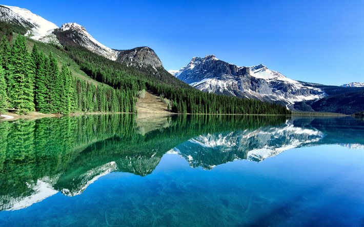 山の風景, 山湖, 春, 朝, 山々, 美しい景観, 岩, カナダ