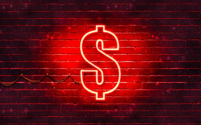 Dollar red sign, 4k, red brickwall, Dollar sign, currency signs, Dollar neon sign, Dollar