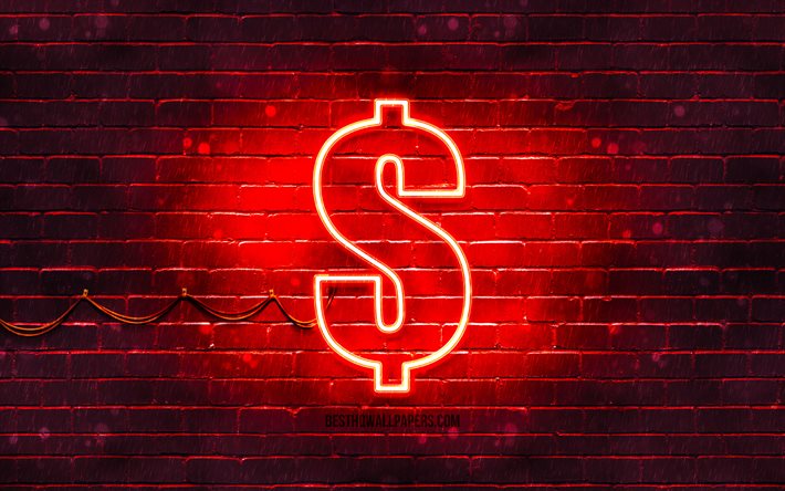 Dollaro, segno rosso, 4k, rosso, brickwall, simbolo del Dollaro, valuta, segni di Dollaro al neon segno