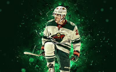 Kevin Fiala, 4k, NHL, Minnesota Wild, hockey stars, hockey, green neon lights, hockey players, Kevin Fiala Minnesota Wild, Kevin Fiala 4K