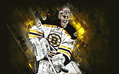 Tuukka Rask, NHL, Finnish hockey player, goalkeeper, Boston Bruins, portrait, yellow stone background, National Hockey League, hockey, USA
