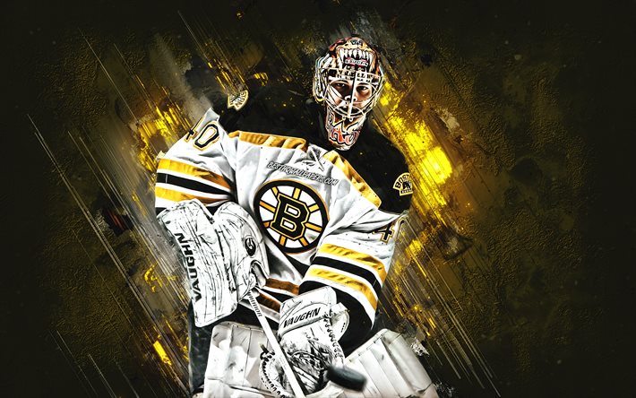 Tuukka Rask, NHL, finland&#233;s jugador de hockey, el portero, los Bruins de Boston, retrato, piedra amarilla de fondo, Liga Nacional de Hockey, hockey, estados UNIDOS