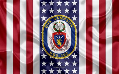 USS Sampson Emblem, DDG-102, American Flag, US Navy, USA, USS Sampson Badge, US warship, Emblem of the USS Sampson