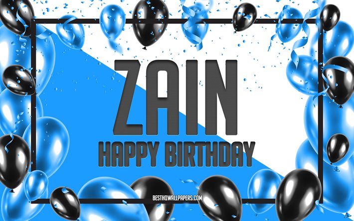 お誕生日おめでZain, お誕生日の風船の背景, Zain, 壁紙名, Zainお誕生日おめで, 青球誕生の背景, ご挨拶カード, Zain誕生日