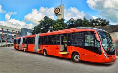 Marcopolo Viale BRT, orange buss, 2020 bussar, persontransporter, road, Marcopolo Bussar, dubbeld&#228;ckare, dragspel bussar, Volvo Biarticulado, HDR, Marcopolo