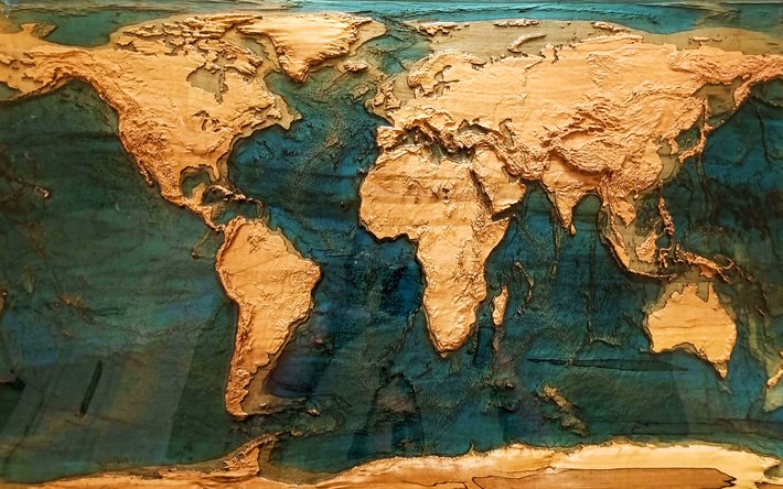 En bois 3D de la carte du monde, cr&#233;atif, cartes 3D, Carte du Monde, Concept, illustrations, Cartes du Monde