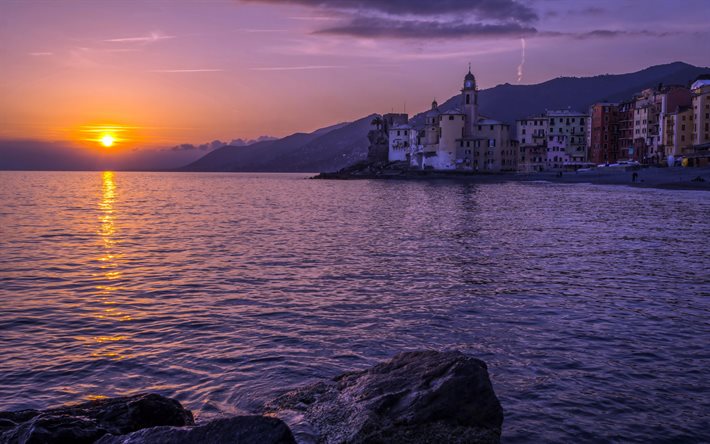 Camogli, Portofino, tarde, puesta de sol, Mar Mediterr&#225;neo, verano, capilla, paisaje marino, Liguria, Italia