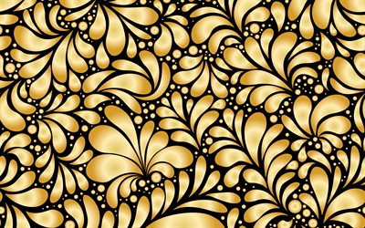foglie d&#39;oro texture dorata, lusso, sfondo, golden texture a fiori, foglie d&#39;oro su sfondo nero, la texture delle foglie, foglie d&#39;oro, ornamento