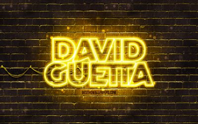 David Guetta keltainen logo, 4k, supert&#228;hti&#228;, ranskalainen Dj, keltainen brickwall, David Guetta-logo, Pierre David Guetta, David Guetta, musiikin t&#228;hdet, David Guetta neon-logo