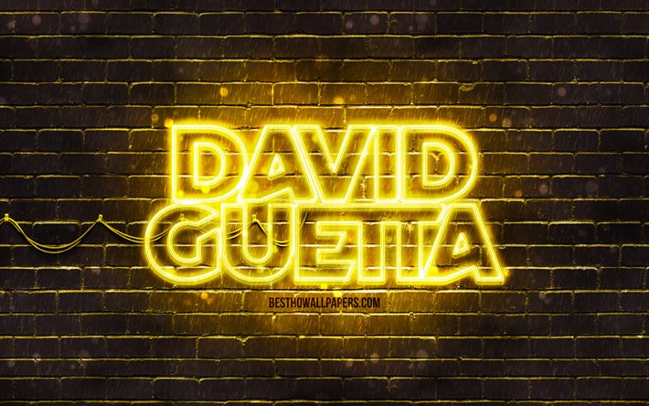 David Guetta sarı logo, 4k, superstars, Fransız DJ&#39;ler, sarı brickwall, David Guetta logo, Pierre David Guetta, David Guetta, m&#252;zik yıldızları, David Guetta neon logo