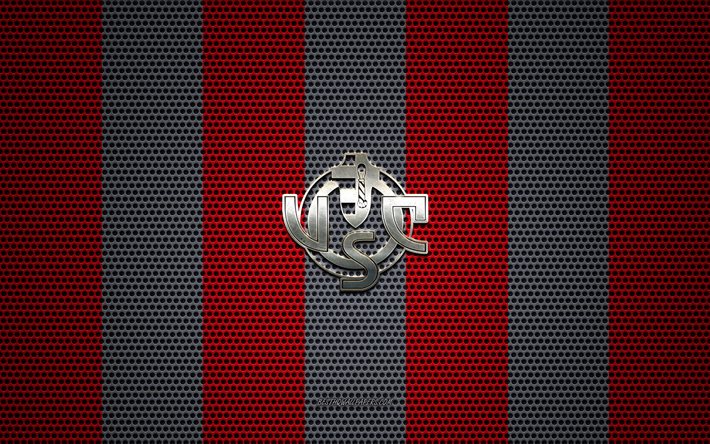 US Cremonese logo, Italian football club, metal emblem, red-gray metal mesh background, US Cremonese, Serie B, Cremona, Italy, football