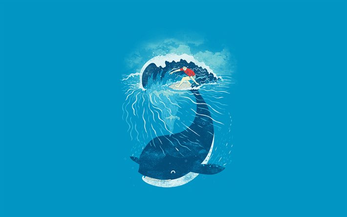 cartoon balena, surfer, minimal, sfondi blu, creativo, balena blu, opere d&#39;arte, balena minimalsim, balene