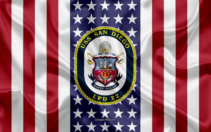 USS San Diego Emblem, LPD-22, Amerikanska Flaggan, US Navy, USA, USS San Diego Badge, AMERIKANSKA krigsfartyg, Emblem av USS San Diego